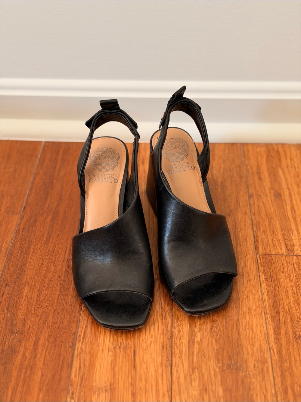 Vince Camuto Black Leather Open-Toe Slingback Wedges